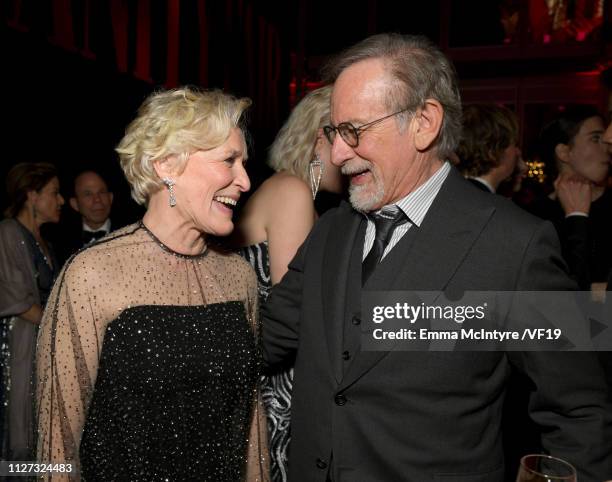 Glenn Close and Steven Spielberg attend the 2019 Vanity Fair Oscar Party hosted by Radhika Jones at Wallis Annenberg Center for the Performing Arts...