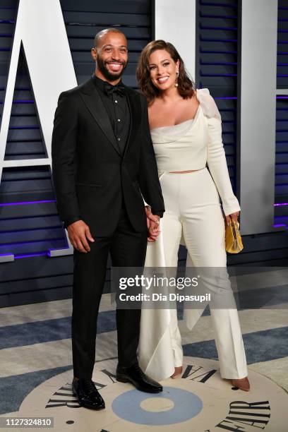 Justin Ervin and Ashley Graham attend the 2019 Vanity Fair Oscar Party hosted by Radhika Jones at Wallis Annenberg Center for the Performing Arts on...