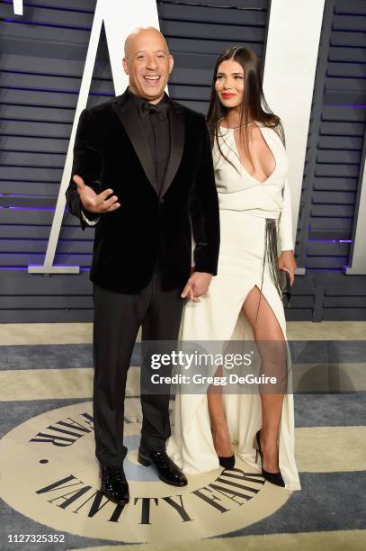Vin Diesel and Paloma Jiménez attend the 2019 Vanity Fair Oscar Party hosted by Radhika Jones at Wallis Annenberg Center for the Performing Arts on...