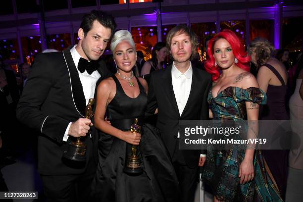 Mark Ronson and Lady Gaga winners Best Music award for 'Shallow' from 'A Star Is Born', Beck and Halsey attend the 2019 Vanity Fair Oscar Party...