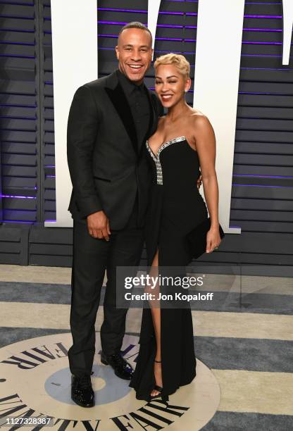 DeVon Franklin and Meagan Good attend the 2019 Vanity Fair Oscar Party hosted by Radhika Jones at Wallis Annenberg Center for the Performing Arts on...