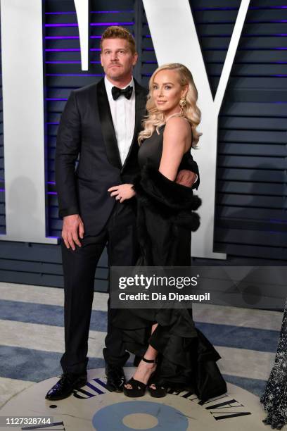 David Boreanaz and Jaime Bergman attend the 2019 Vanity Fair Oscar Party hosted by Radhika Jones at Wallis Annenberg Center for the Performing Arts...