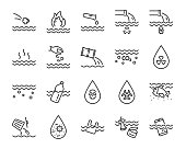 set of water pollution icons, such as, pollution, dirty, bin, plastic, industry waste , world water day, waste