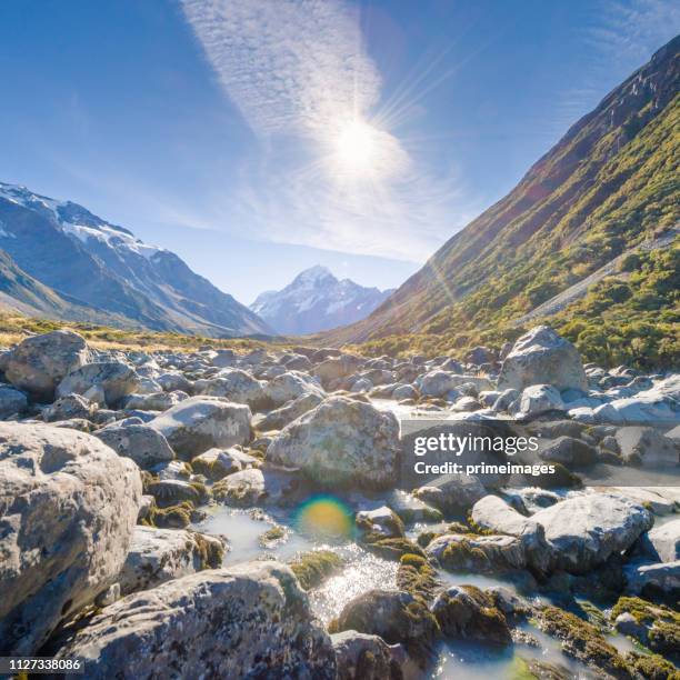 young traveler taking photo at mt cook famaus destination in new zealand - otago landscape stock pictures, royalty-free photos & images