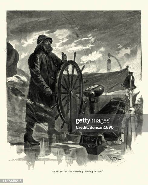 ships captain steering, through a storm, victorian, 19th century - retro captain stock illustrations