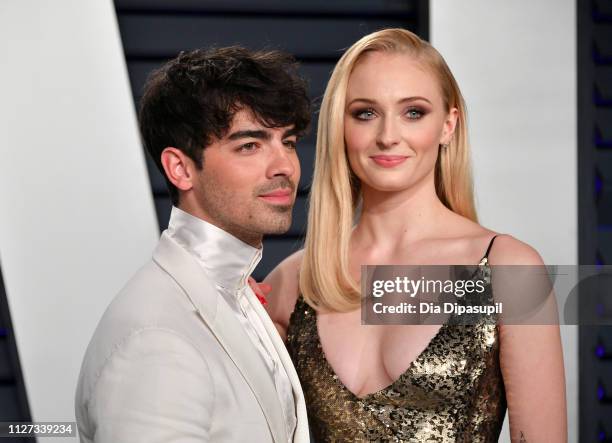 Joe Jonas and Sophie Turner attend the 2019 Vanity Fair Oscar Party hosted by Radhika Jones at Wallis Annenberg Center for the Performing Arts on...