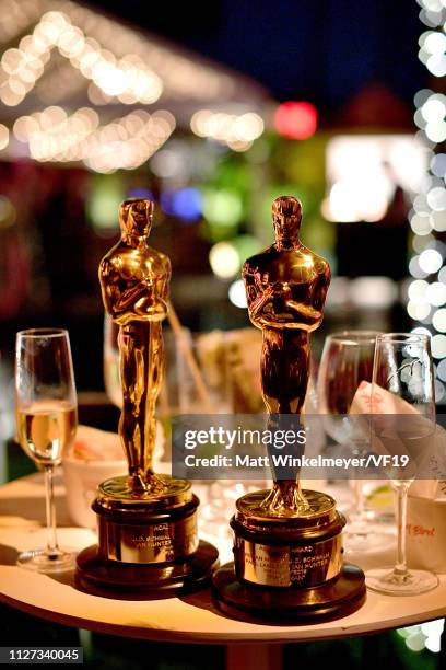Awards on display at the 2019 Vanity Fair Oscar Party hosted by Radhika Jones at Wallis Annenberg Center for the Performing Arts on February 24, 2019...