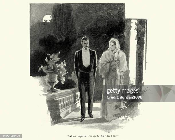 victorian couple talking after a dinner party, 1890s, 19th century - couple dinner party stock illustrations