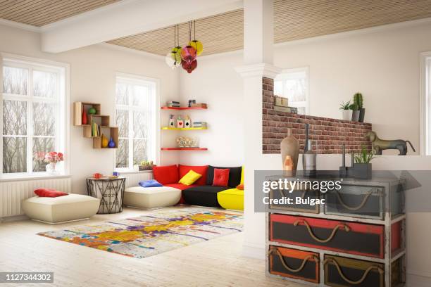 cozy home interior - bright colour room stock pictures, royalty-free photos & images