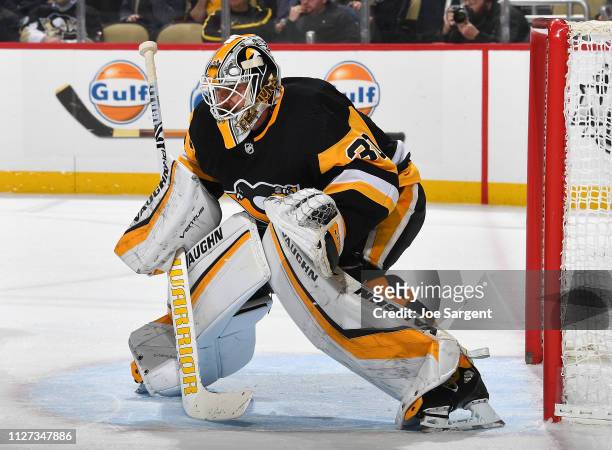 Matt Murray of the Pittsburgh Penguins defends the net against the New Jersey Devils at PPG Paints Arena on January 28, 2019 in Pittsburgh,...