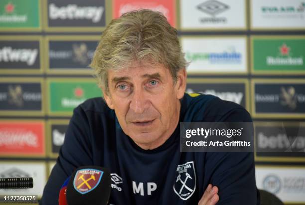Manuel Pellegrini of West Ham United during his Press Conference after Training at Rush Green on February 25, 2019 in Romford, England.