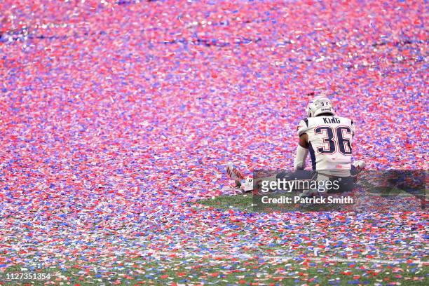 Brandon King of the New England Patriots celebrates after defeating the Los Angeles Ram in Super Bowl LIII at Mercedes-Benz Stadium on February 03,...