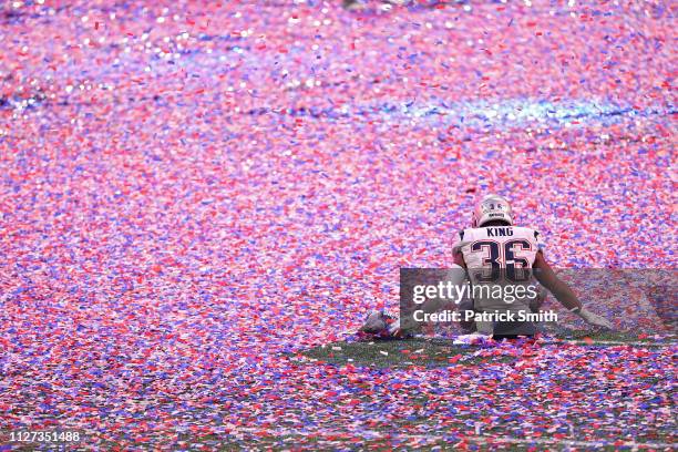 Brandon King of the New England Patriots celebrates after defeating the Los Angeles Ram in Super Bowl LIII at Mercedes-Benz Stadium on February 03,...