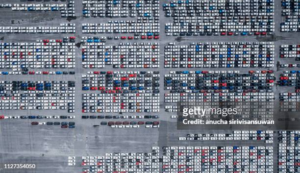 aerial top view product new cars to export by sea, thailand. - excess product stock pictures, royalty-free photos & images