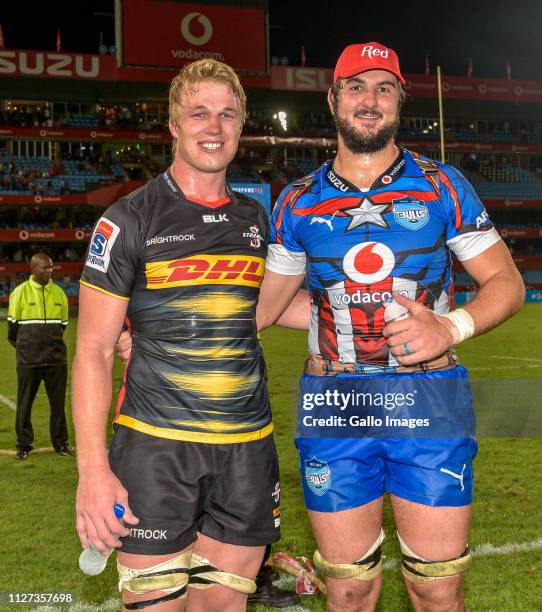 Pieter-Steph du Toit of the DHL Stormers and Lood de Jager of the Vodacom Bulls after the Super Rugby match between Vodacom Bulls and DHL Stormers at...