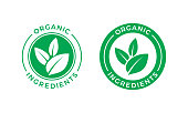 Organic ingredients green leaf label stamp. Vector icon vegan food or nature ingredients nutrition, organic bio pharmacy and natural skincare cosmetic product package logo design template