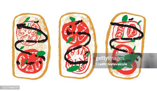 stockillustraties, clipart, cartoons en iconen met tomaten bruschetta met mozzarella en basilicum - basil