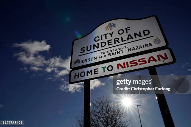 General view of signage at the Sunderland car assembly plant of Nissan on February 04, 2019 in Sunderland, England. Nissan has announced to workers...