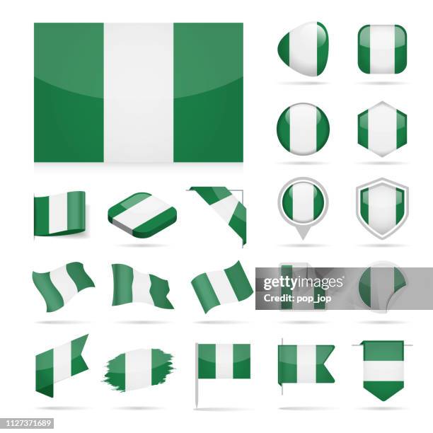 nigeria - flag icon glossy vector set - round shield stock illustrations