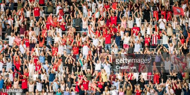 腕を上げると自分のチームの応援群衆 - サッカー　観客 ストックフォトと画像