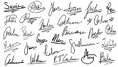 Handwritten signature. Manual signatures, manuscript sign for documents and hand drawn autograph lettering isolated vector set