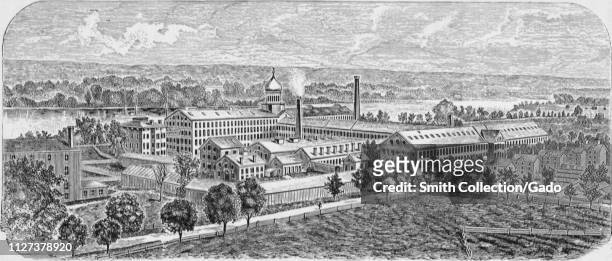 Engraving of the Colt Armory factory complex in Hartford, Connecticut, from the book "Industrial history of the United States" by Albert Sidney...