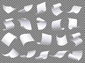 Flying paper pages. Falling papers documents sheets, document with curved corner and fly page sheet isolated vector objects set