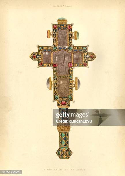 crucifix from mount athos, 10th century - greek orthodox stock illustrations