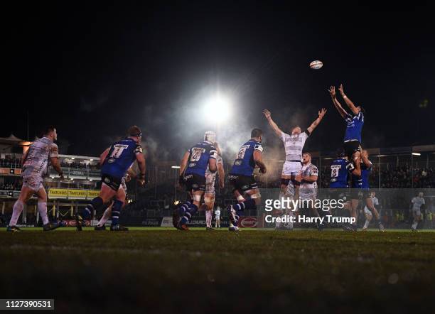 Luke Charteris of Bath Rugby claims the line out ball during the Premiership Rugby Cup match between Bath Rugby and Gloucester Rugby at the...