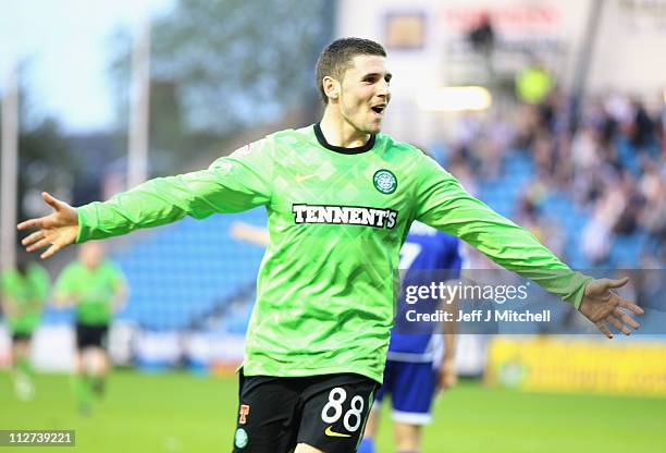 Gary Hooper of Celtic celebrates after scoring during the Clydesdale Bank Premier League match between Kilmarnock and Celtic at Rugby Park on April...