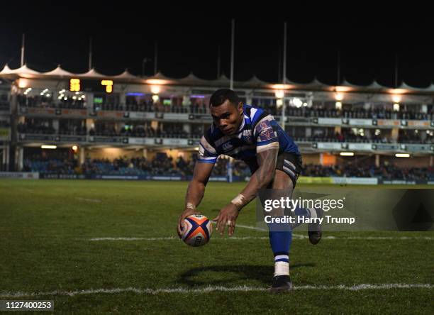 Semesa Rokoduguni of Bath Rugby scores his fifth try during the Premiership Rugby Cup match between Bath Rugby and Gloucester Rugby at the Recreation...