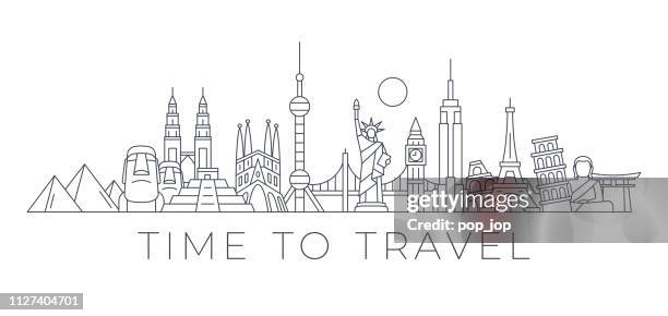 illustrazioni stock, clip art, cartoni animati e icone di tendenza di tempo di viaggio - skyline del mondo - edifici e monumenti famosi.. sfondo punto di riferimento del viaggio. illustrazione vettoriale - travel destinations