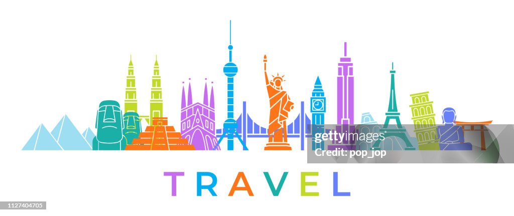 World Skyline - Famous Buildings and Monuments.. Travel Landmark Background. Color Vector Illustration