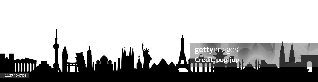 World Skyline - Famous Buildings and Monuments.. Travel Landmark Background. Vector Illustration