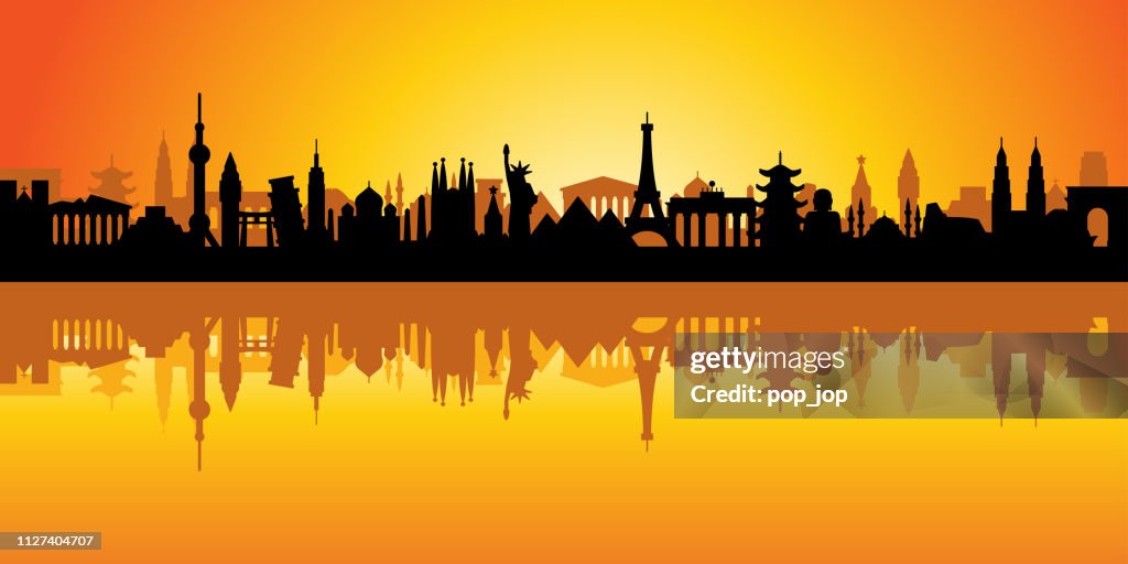 World Skyline - Famous Buildings and Monuments.. Travel Landmark Sunset Background. Vector Illustration