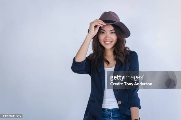 portrait of a young woman - blue blazer stock pictures, royalty-free photos & images