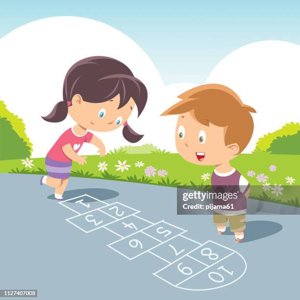 石けり遊びを遊んでいる子供 - 歩道点のイラスト素材／クリップアート素材／マンガ素材／アイコン素材
