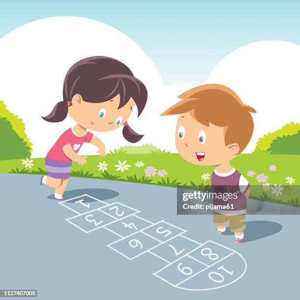 kids playing hopscotch - hopscotch stock illustrations