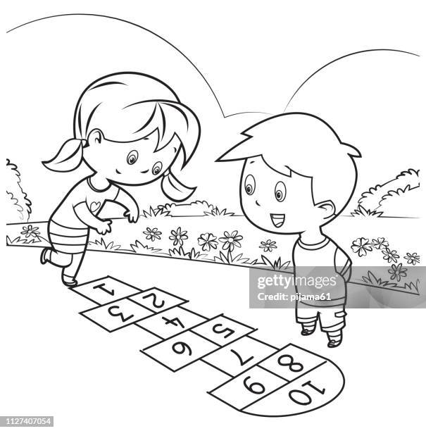 ilustraciones, imágenes clip art, dibujos animados e iconos de stock de libro, para colorear niños jugando rayuela - de ascendencia europea