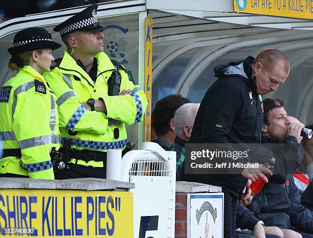 Neil Lennon coach of Celtic in the dug out during the Clydesdale Bank Premier League match between Kilmarnock and Celtic at Rugby Park on April 20,...