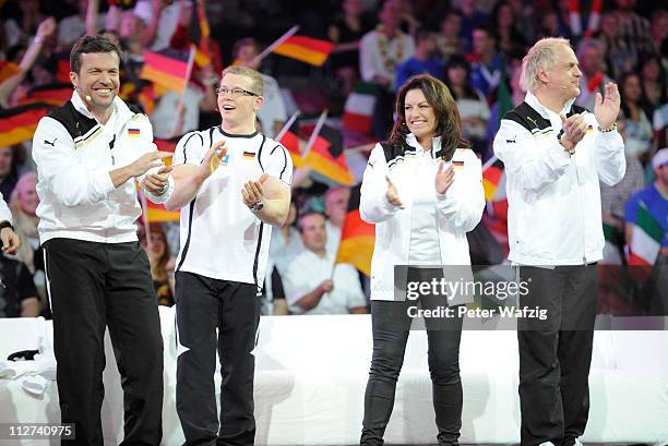 German team members Lothar Matthaeus, Fabian Hambuechen, Christine Neubauer and Uwe Ochsenknecht celebrate during the 'Deutschland Gegen Italien' TV...