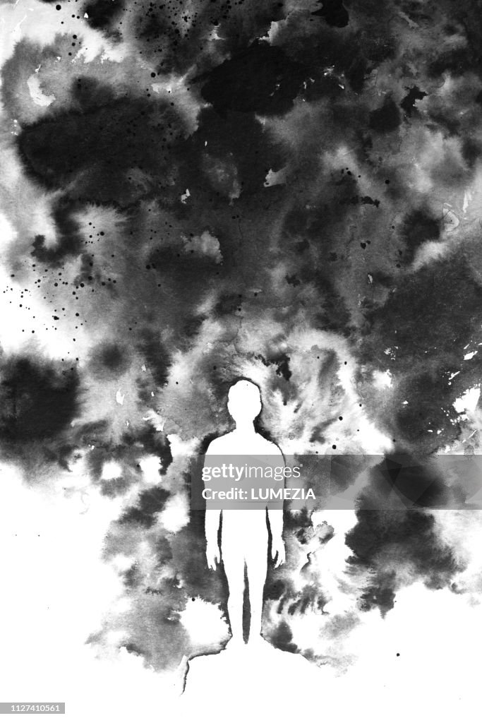 Hand made black and white ink painting using short brushstrokes and highlighting the silhouette of a person or child against a dark backdrop