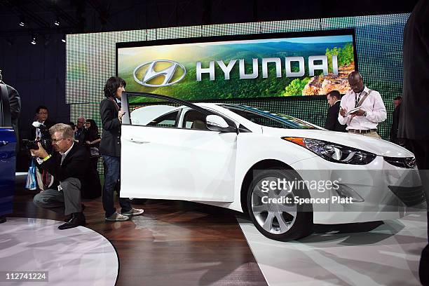 The Hyundai Elantra is viewed on the floor of the the New York International Auto Show April 20, 2011 in New York City. The New York Auto Show is one...