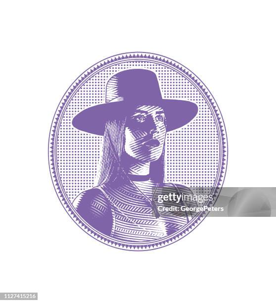 fashionable young woman in oval design label frame - wide brim stock illustrations