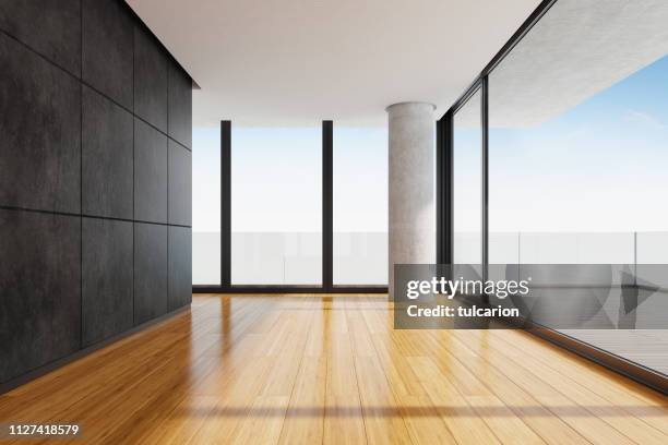 modern empty apartment living room with panoramic view - bamboo flooring stock pictures, royalty-free photos & images