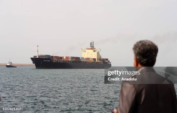 Cargo vessel is seen at the offshore of Chabahar seaport as the inauguration ceremony for the first export convoy to India via Iran held in Chabahar,...