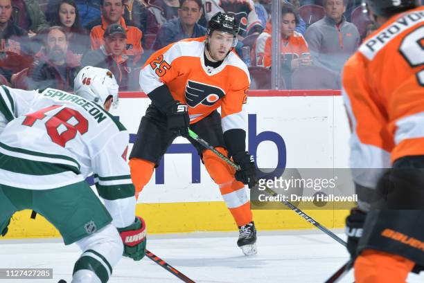 James van Riemsdyk of the Philadelphia Flyers passes against the Minnesota Wild at Wells Fargo Center on January 14, 2019 in Philadelphia,...
