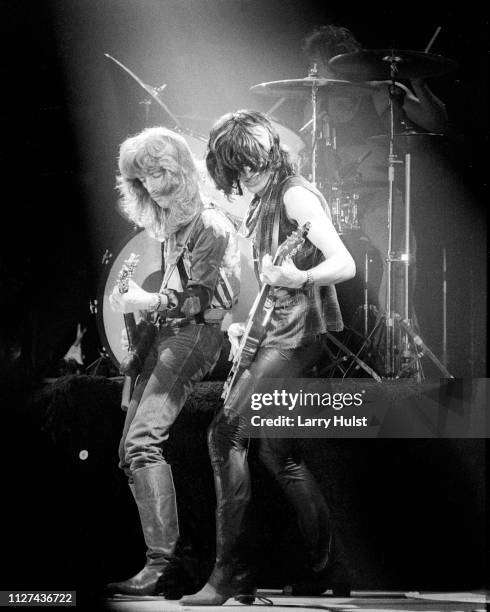 The guitar duo Brad Whitford and Joe Perry perform with "Aerosmith" at Winterland in San Francisco, California on Feburary 07, 1976.