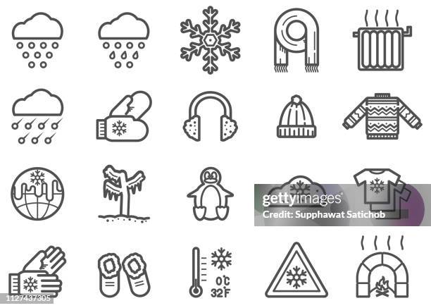 ilustraciones, imágenes clip art, dibujos animados e iconos de stock de vectores de clip art de invierno y la línea set de iconos - granizo
