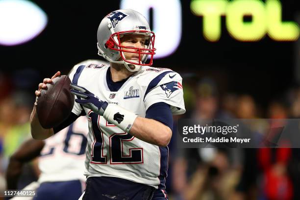 Tom Brady of the New England Patriots makes a pass against the Los Angeles Rams during Super Bowl LIII at Mercedes-Benz Stadium on February 03, 2019...